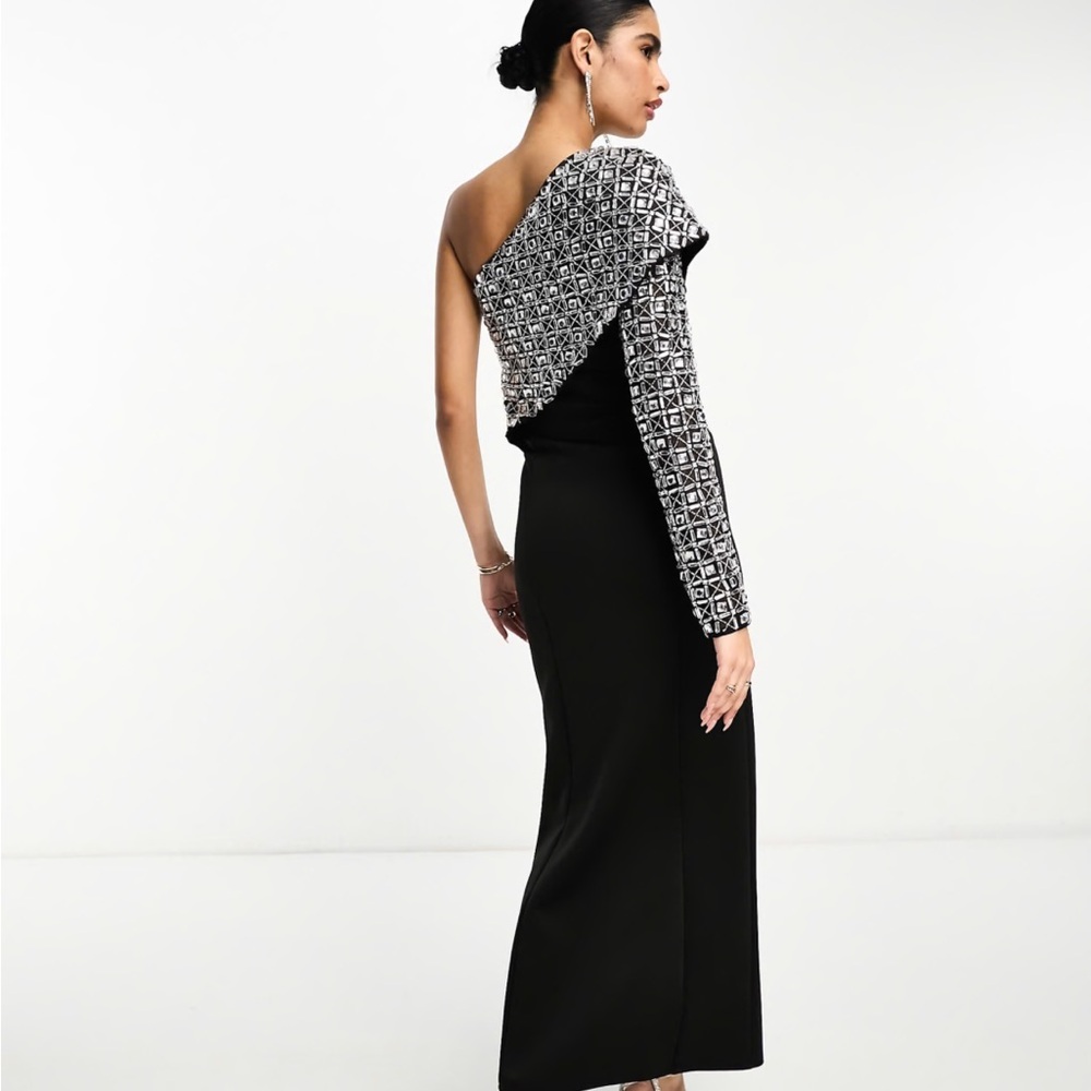 ASOS DESIGN one shoulder silver sequin embellishment maxi dress in black